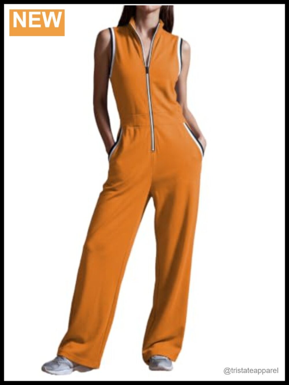 Women's Sleeveless Zip Front Mock Neck Jumpsuit Wide Leg Side Pockets Golf